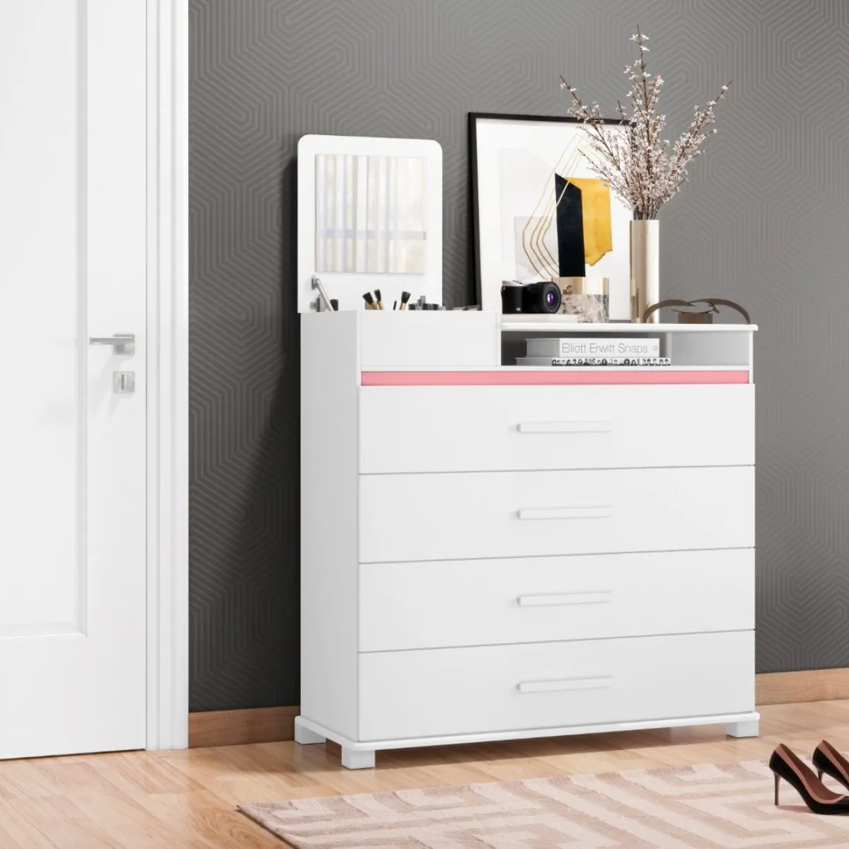 Cômoda 4 Gavetas 1 Porta com Espelho Munique Branca Quadriflex