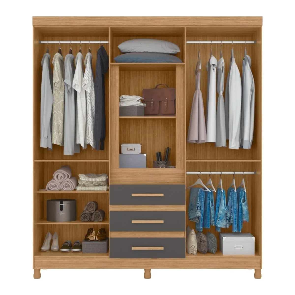 Guarda-Roupa Casal 10 Portas 3 Gavetas Fusion com Espelho Nature/Titanium