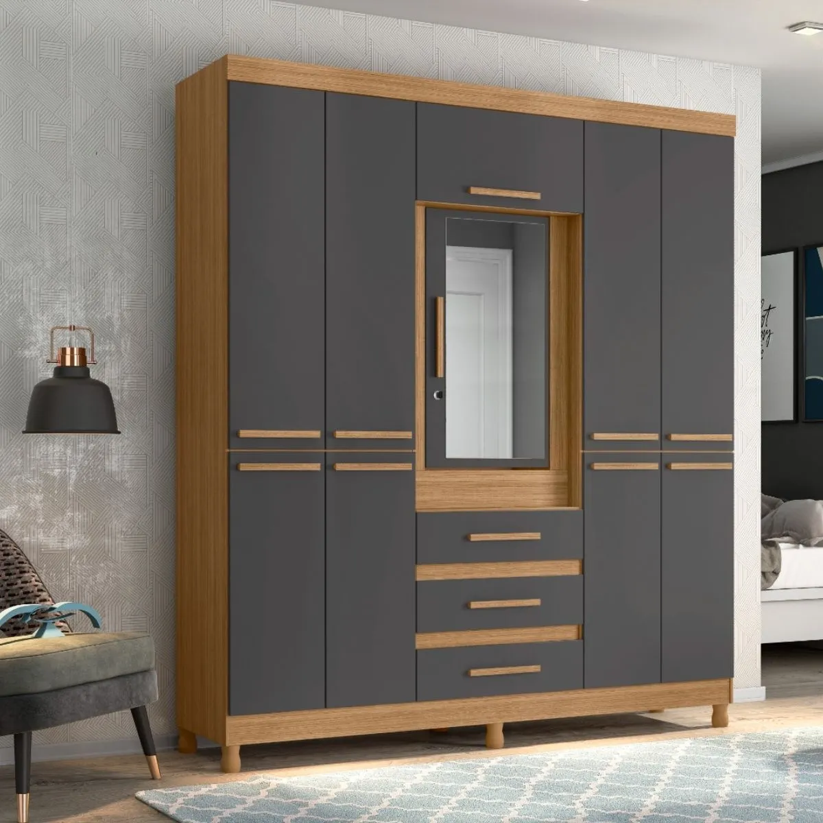 Guarda-Roupa Casal 10 Portas 3 Gavetas Fusion com Espelho Nature/Titanium