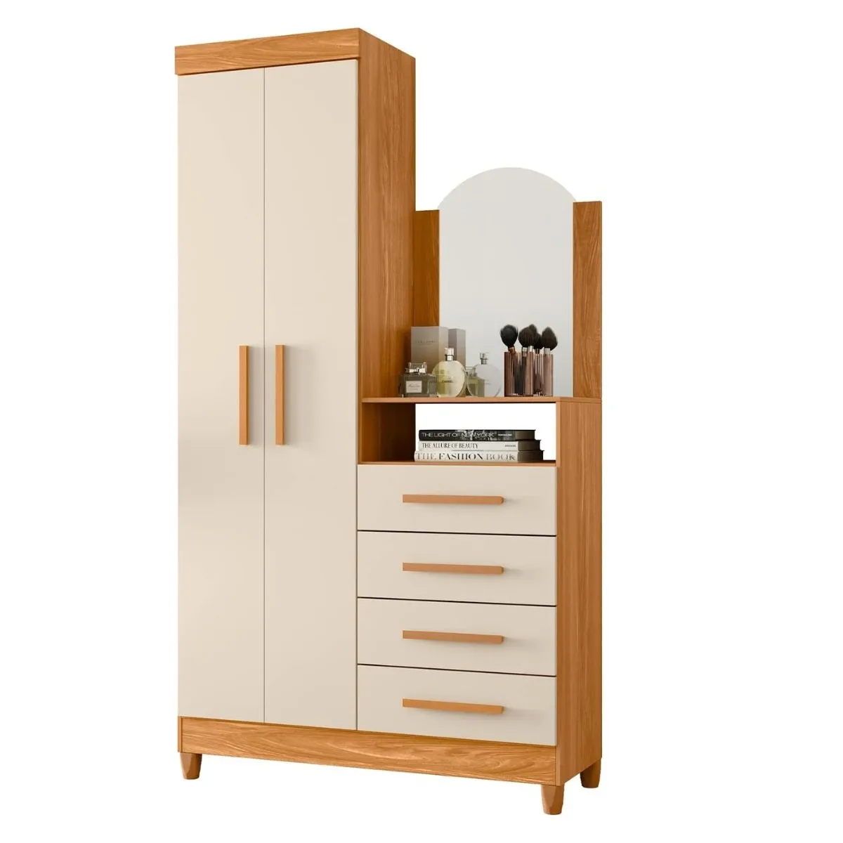 Cômoda com Espelho 2 Portas 4 Gavetas Capri Carvalho Grife/Off White