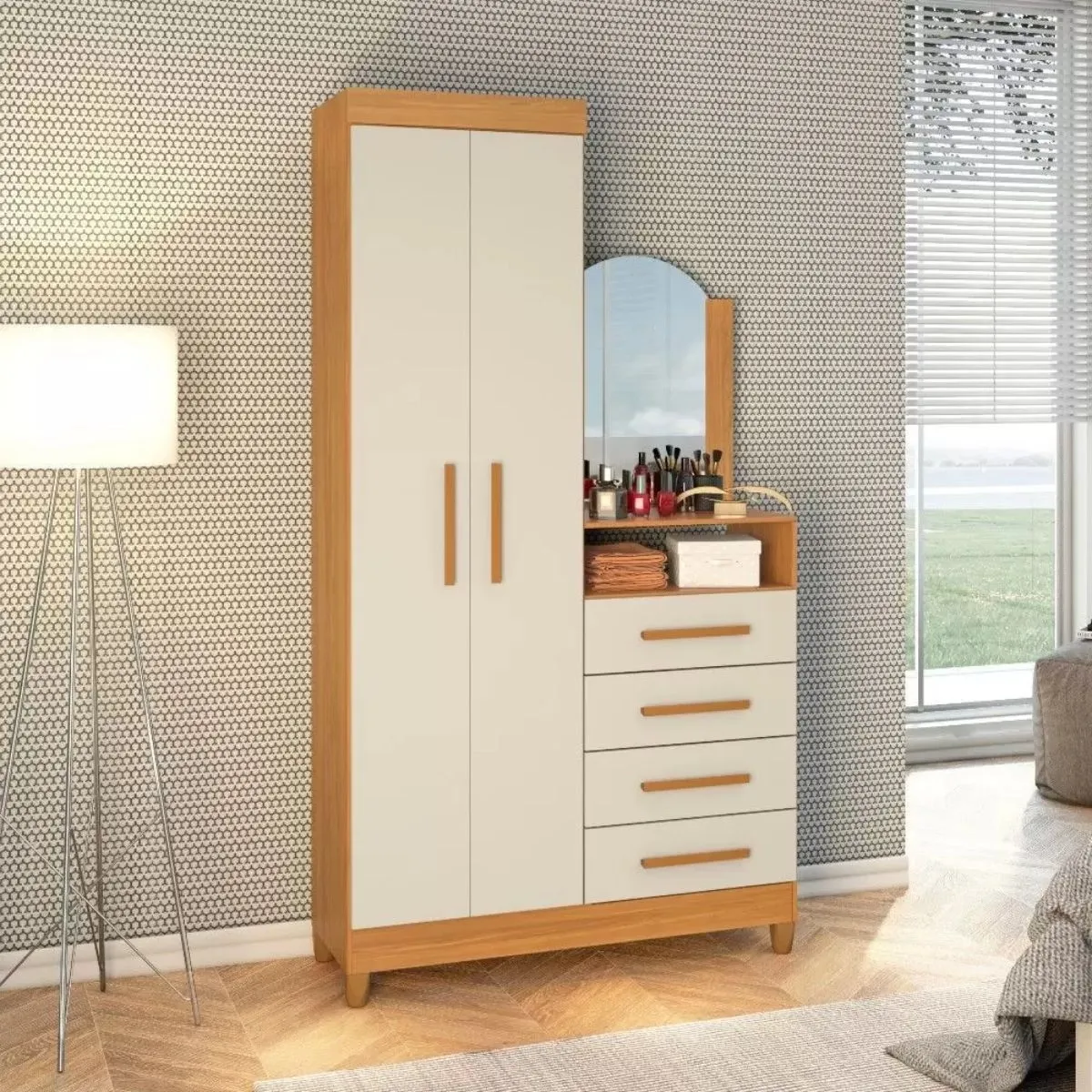 Cômoda com Espelho 2 Portas 4 Gavetas Capri Carvalho Grife/Off White