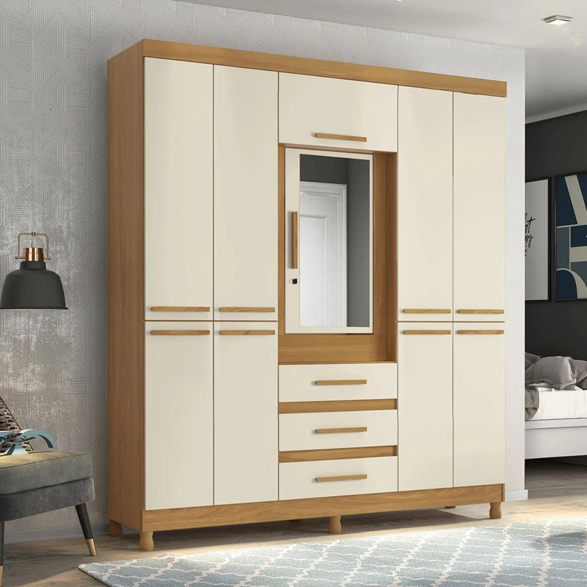 Guarda-Roupa Casal 10 Portas 3 Gavetas Fusion com Espelho Carvalho Grife/Off White