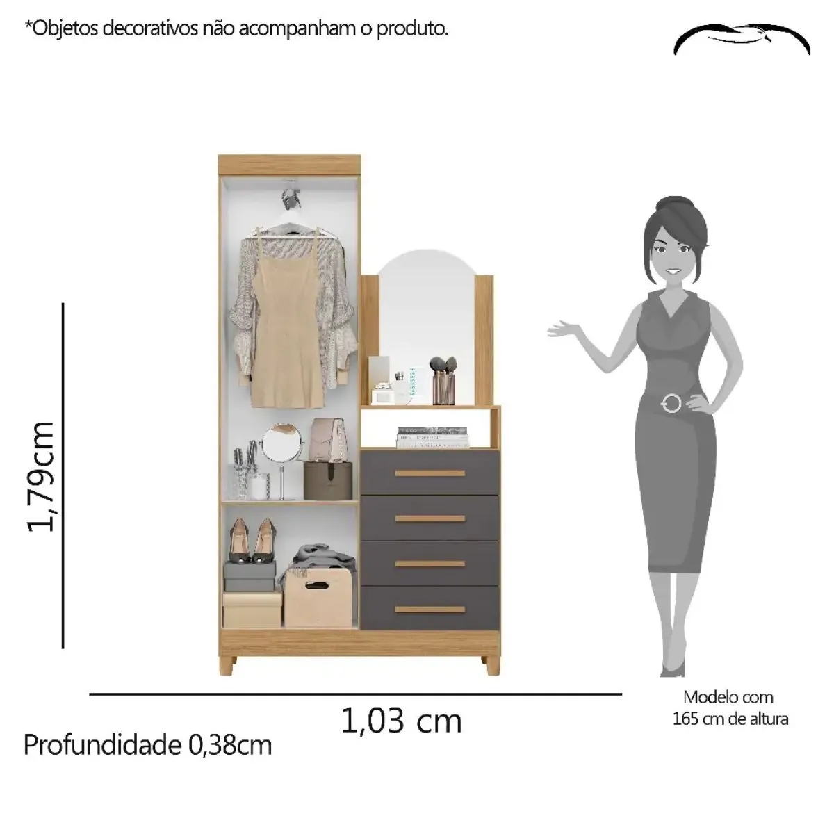 Cômoda com Espelho 2 Portas 4 Gavetas Capri Nature/Titanium