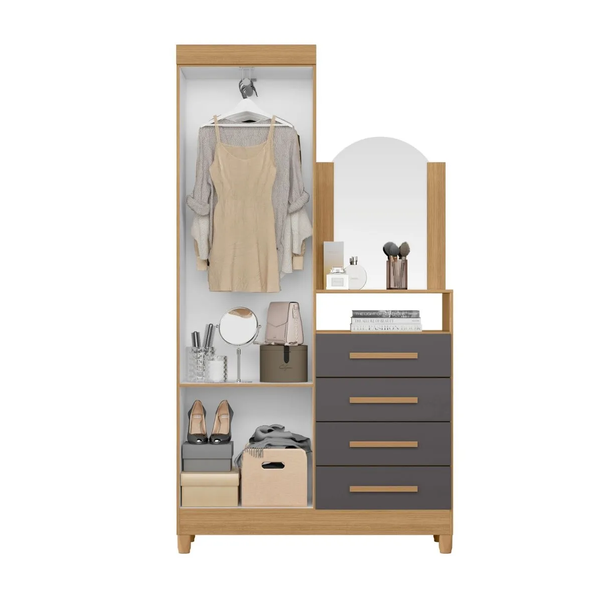 Cômoda com Espelho 2 Portas 4 Gavetas Capri Nature/Titanium