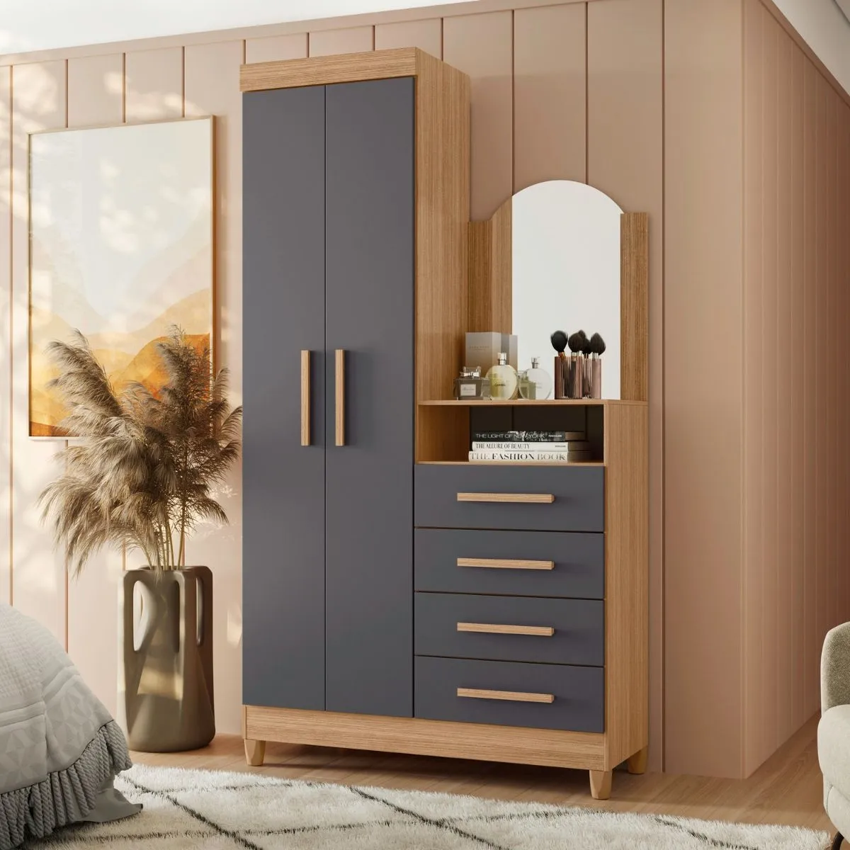 Cômoda com Espelho 2 Portas 4 Gavetas Capri Nature/Titanium