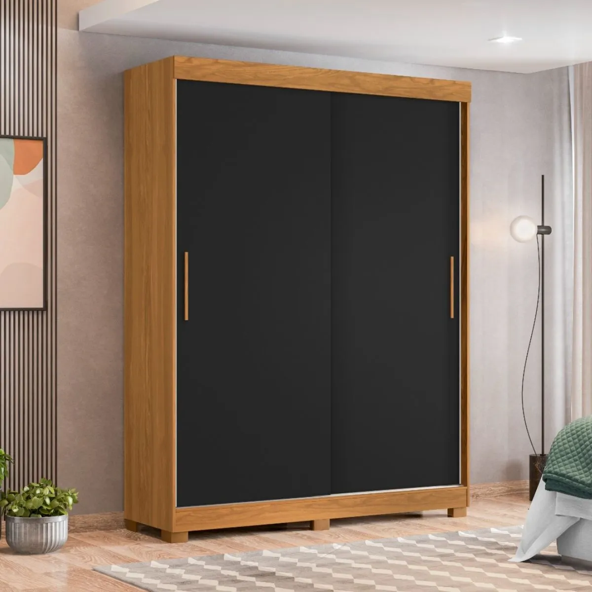 Guarda-Roupa Solteiro 2 Portas de Correr Spin Carvalho Grife/Branco Fosco/Preto Fosco Flex