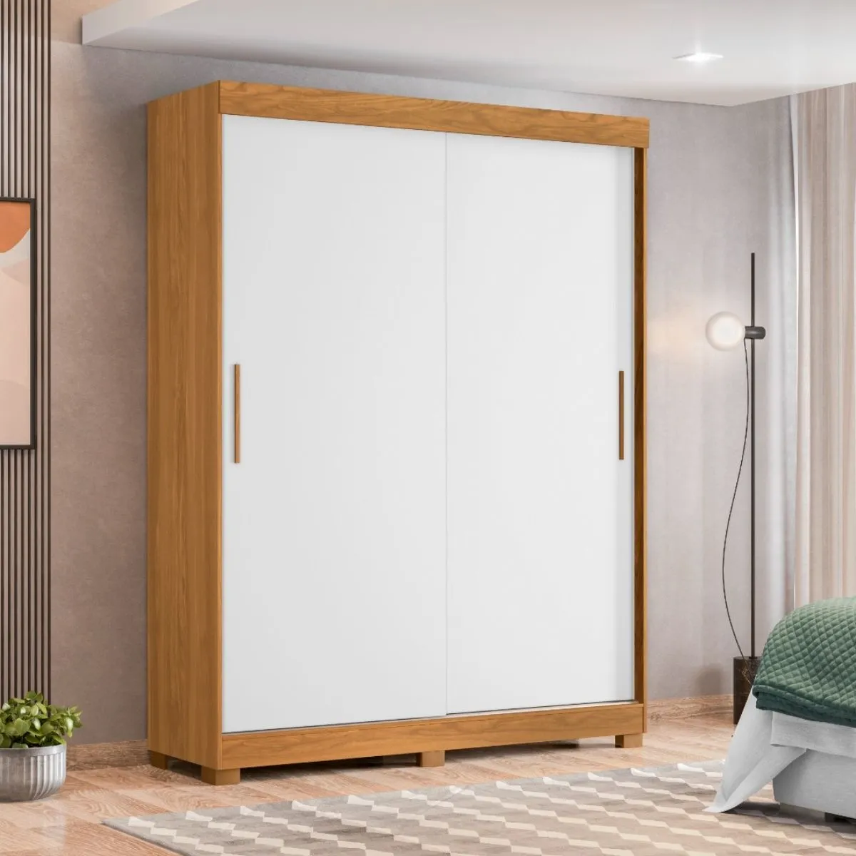 Guarda-Roupa Solteiro 2 Portas de Correr Spin Carvalho Grife/Branco Fosco/Preto Fosco Flex