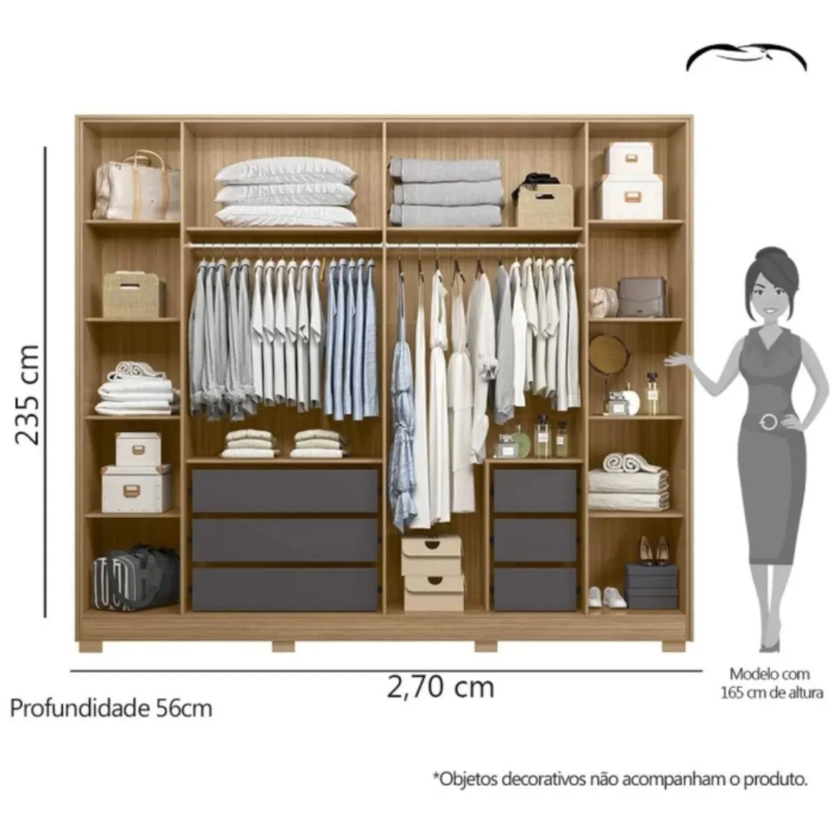 Guarda-Roupa Casal com Espelho 6 Portas 6 Gavetas Fascínio Nature/Titanium