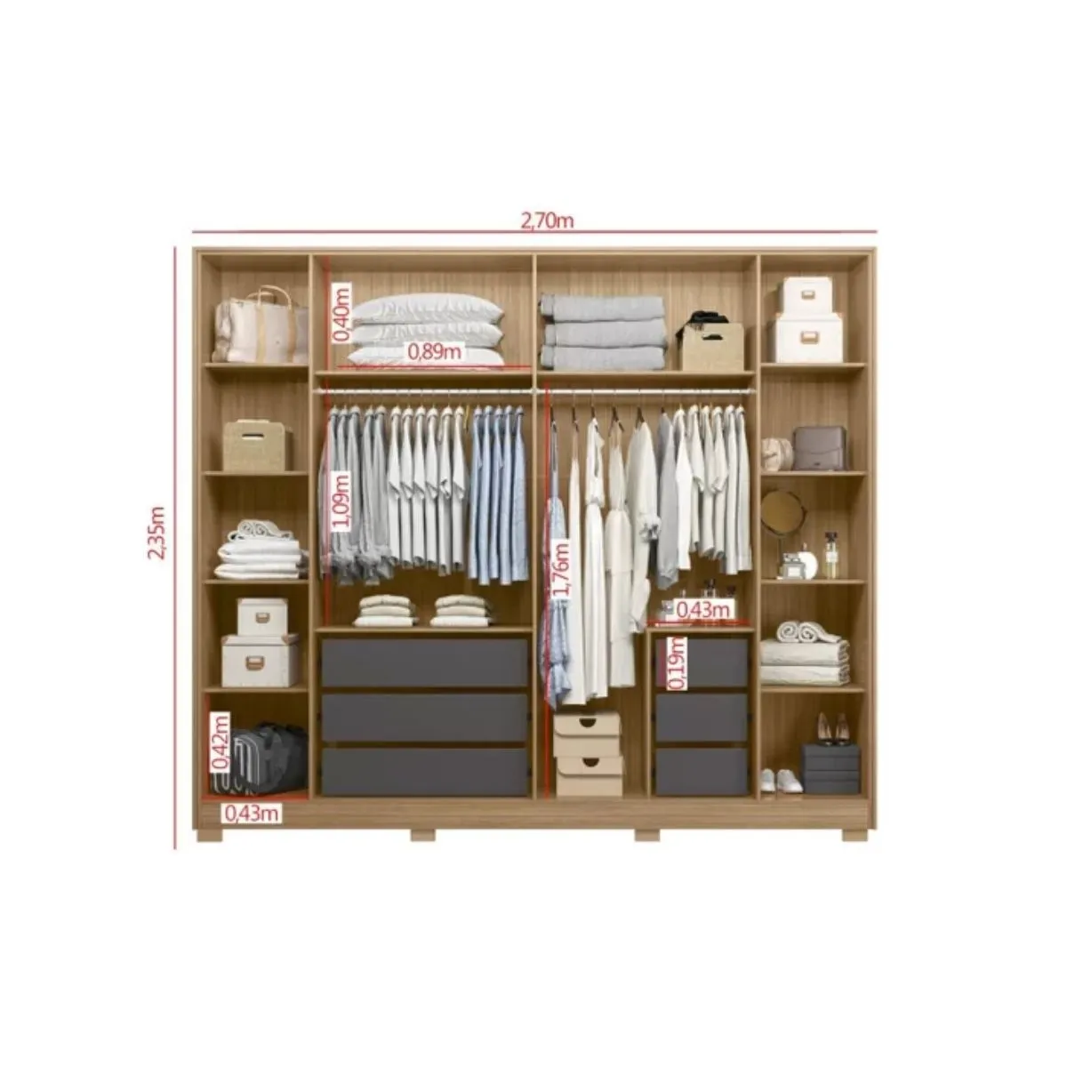 Guarda-Roupa Casal com Espelho 6 Portas 6 Gavetas Fascínio Nature/Titanium