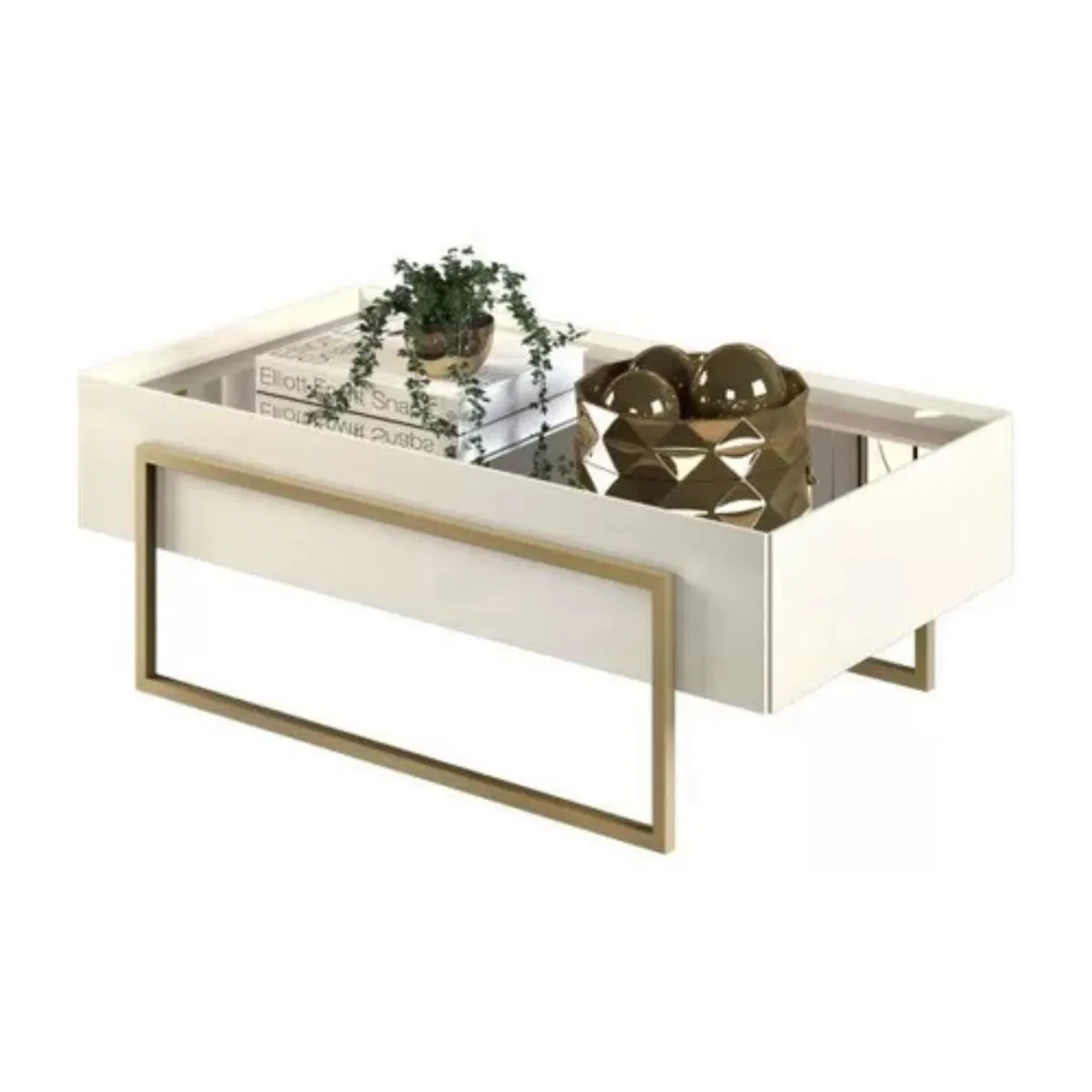 Mesa de Centro Pilar Tampo com Espelho e Pés em Metal Dourado Of White