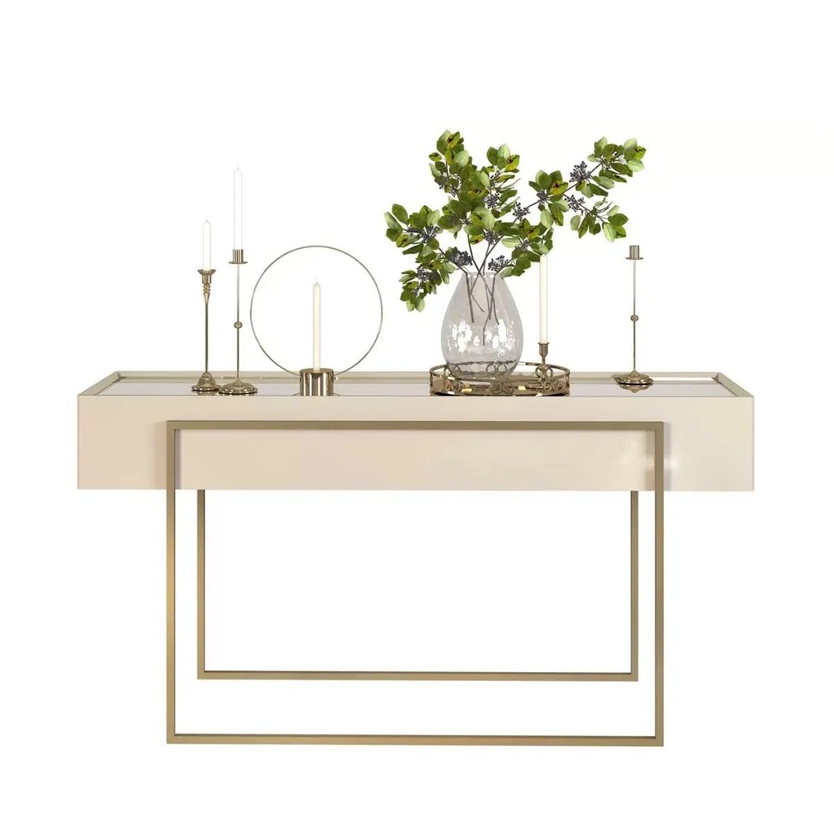 Aparador Pilar Tampo com Espelho e Pés em Metal Dourado - Off White
