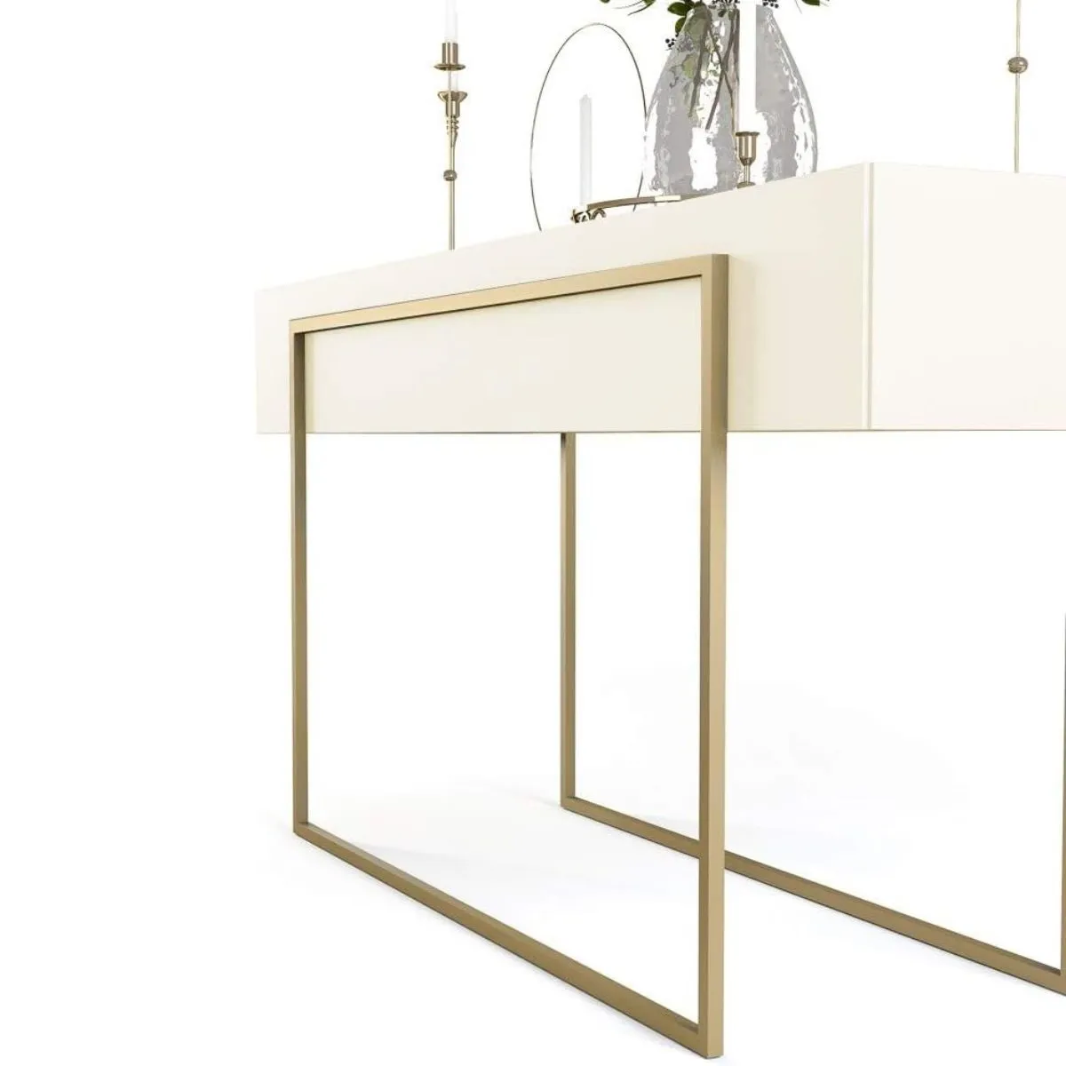 Aparador Pilar Tampo com Espelho e Pés em Metal Dourado - Off White