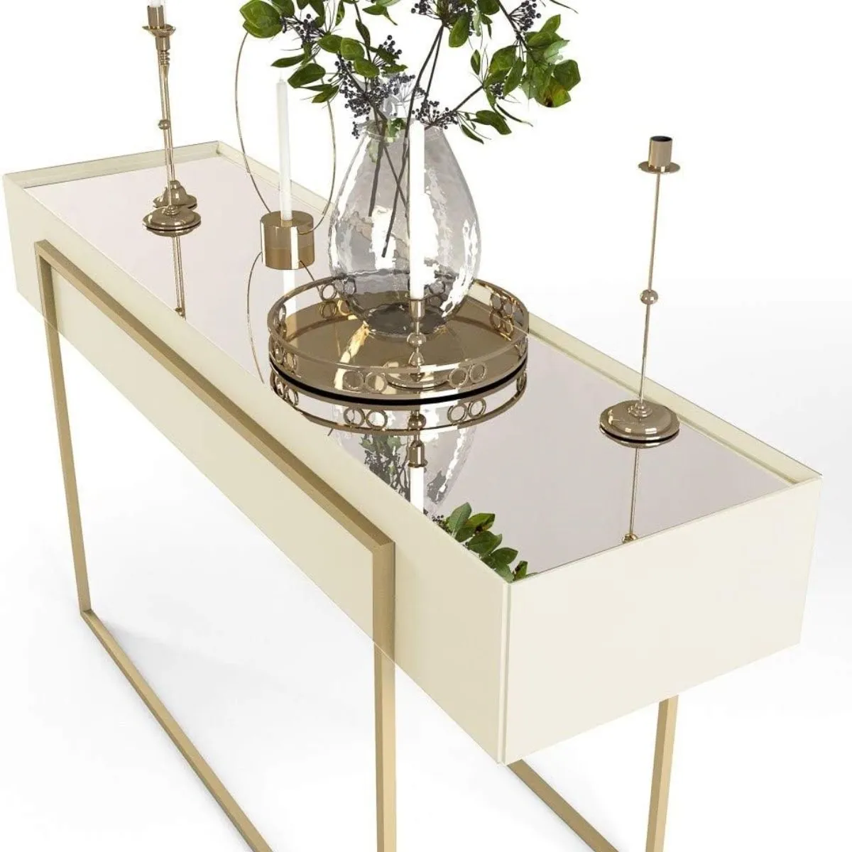 Aparador Pilar Tampo com Espelho e Pés em Metal Dourado - Off White