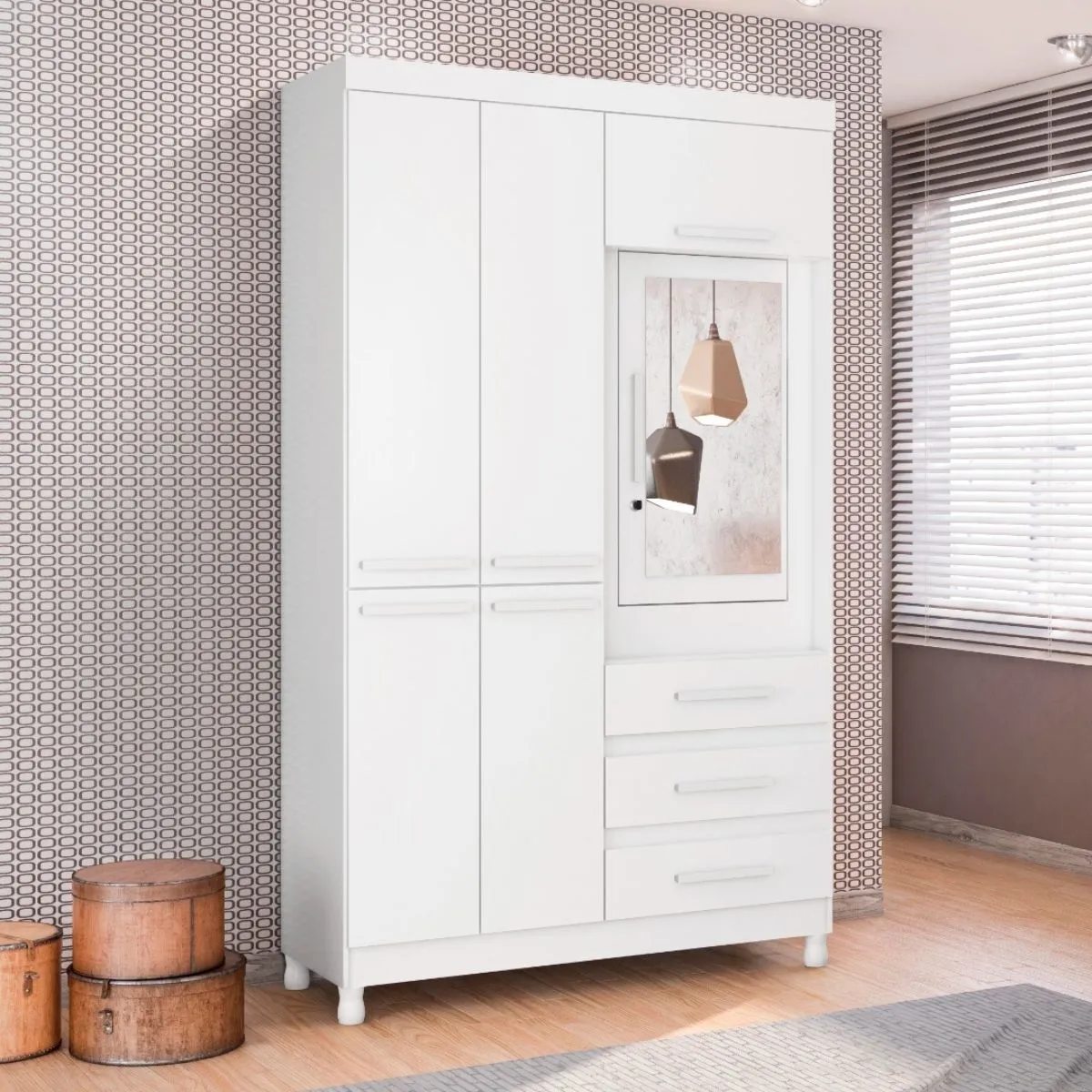 Guarda-Roupa Solteiro 6 Portas 3 Gavetas Fusion com Espelho Branco Quadriflex