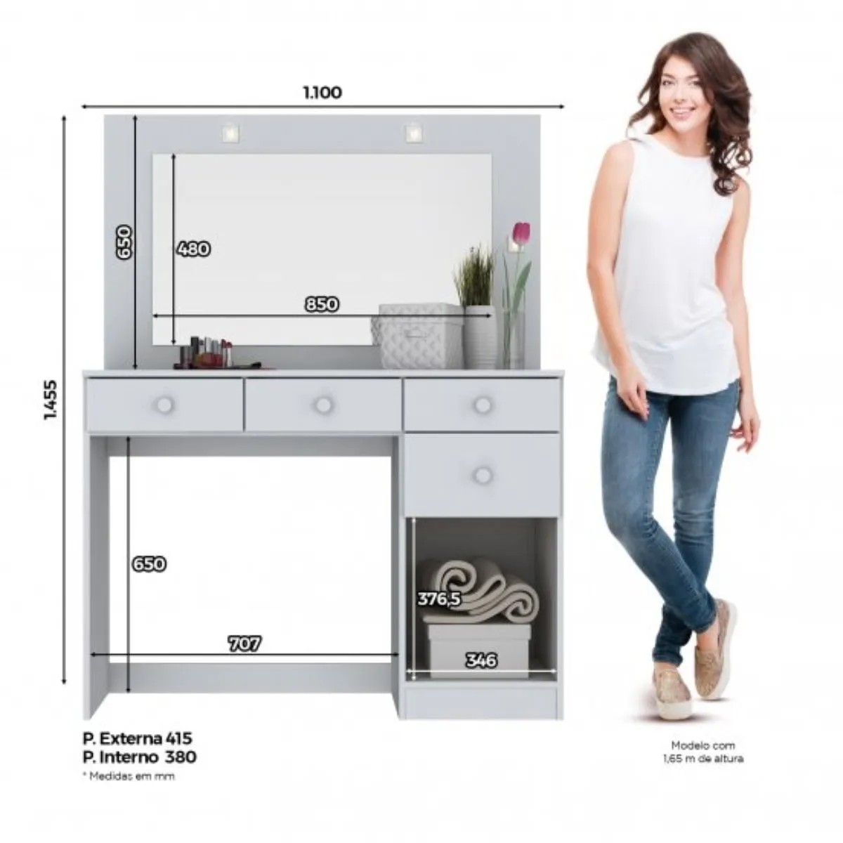 Penteadeira com Espelho Chanel 1 Porta 4 Gavetas Led Branca com Hp