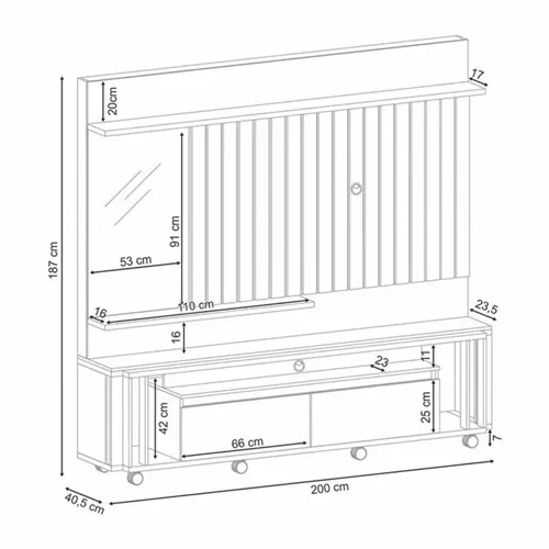 Estante Home Theater 2,00m Eclipse Para TV 60 Off White/Carvalho