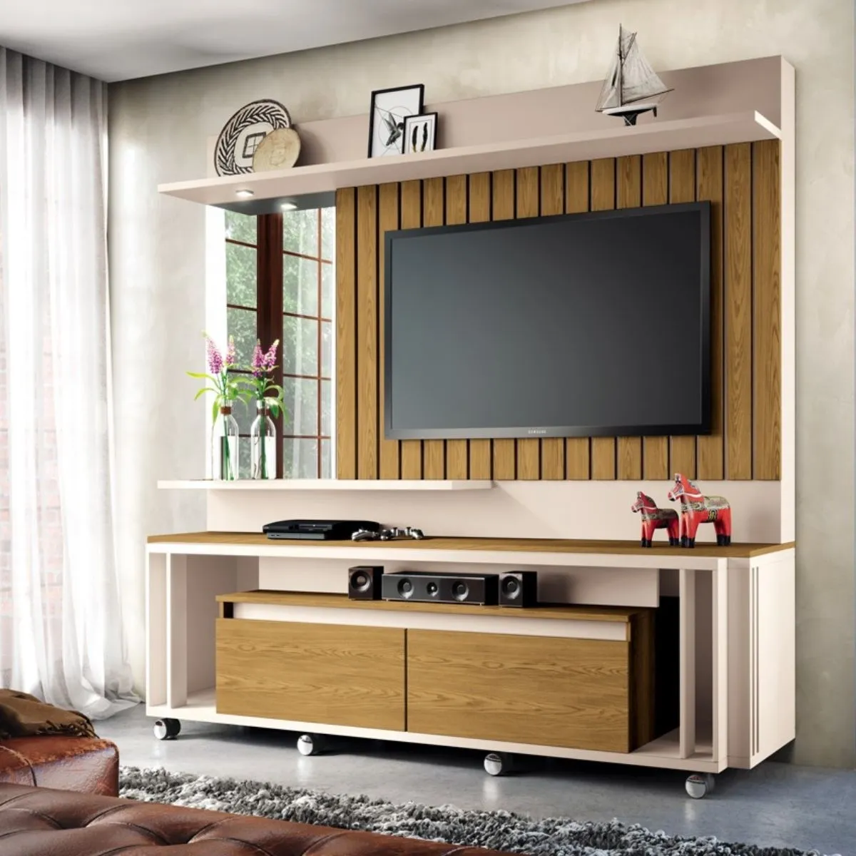 Estante Home Theater 2,00m Eclipse Para TV 60 Off White/Carvalho