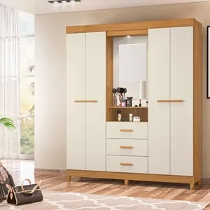 Guarda-Roupa Casal Ágata 04 Portas 3 Gavetas com Espelho Carvalho Grife/Off White