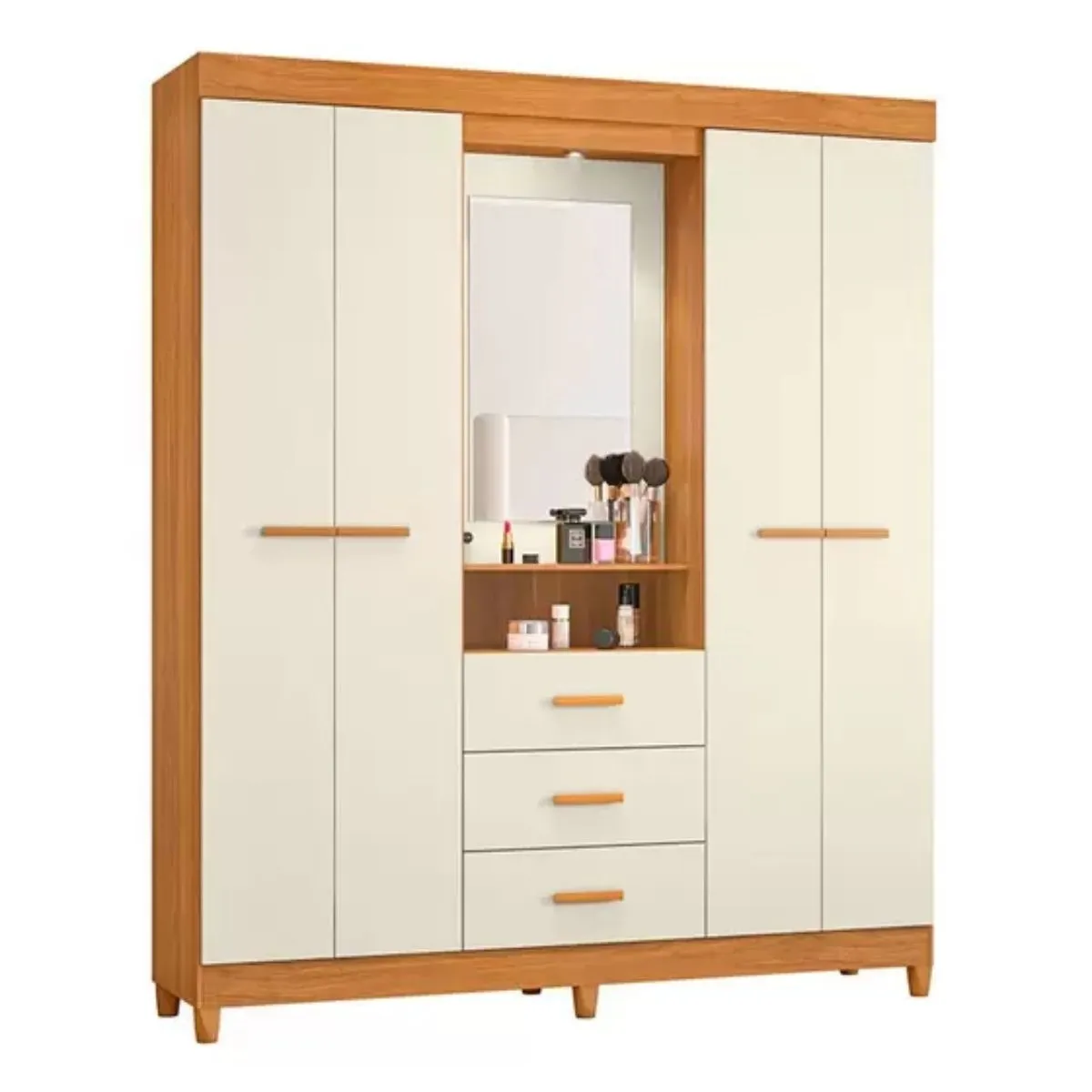 Guarda-Roupa Casal Ágata 04 Portas 3 Gavetas com Espelho Carvalho Grife/Off White