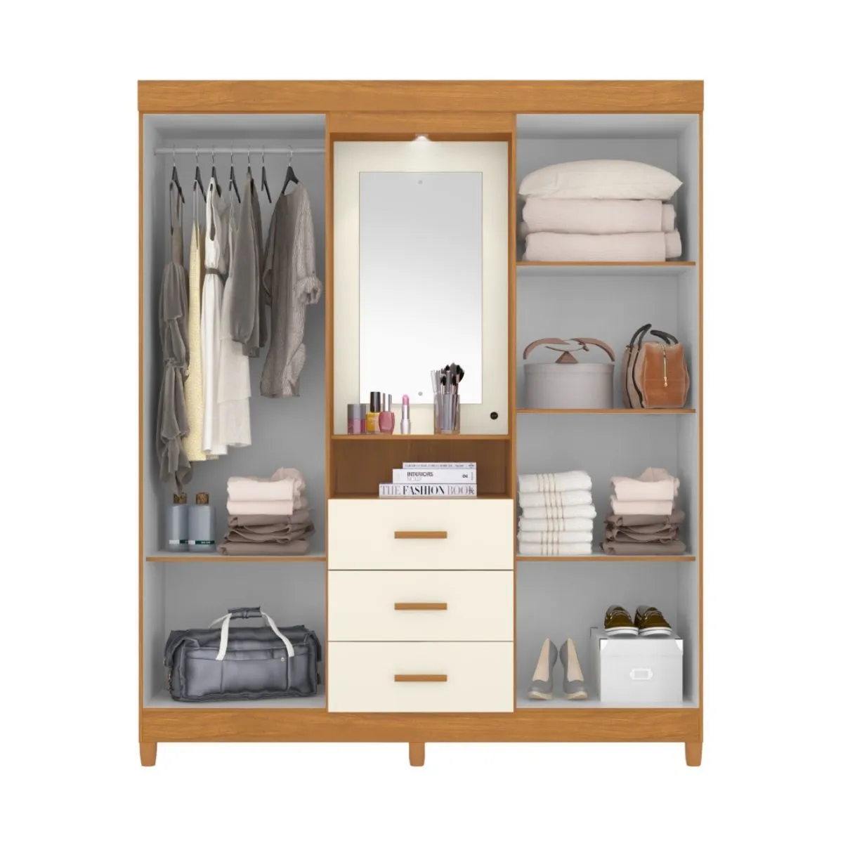 Guarda-Roupa Casal Ágata 04 Portas 3 Gavetas com Espelho Carvalho Grife/Off White