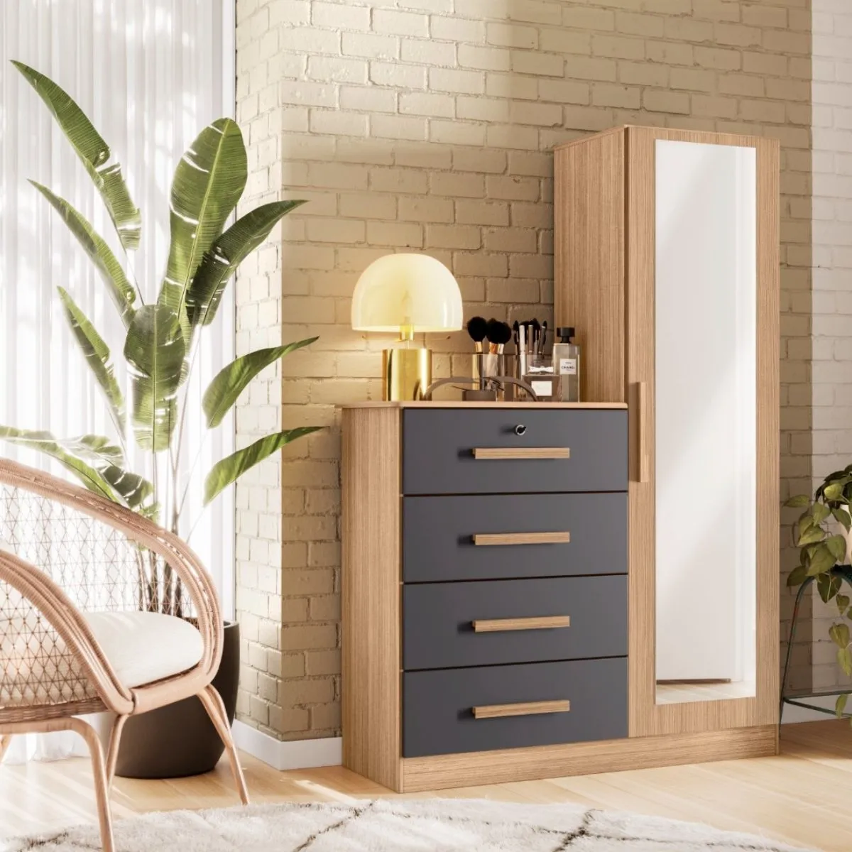Cômoda com Espelho 4 Gavetas 1 Porta Belize Plus Nature/Titanium