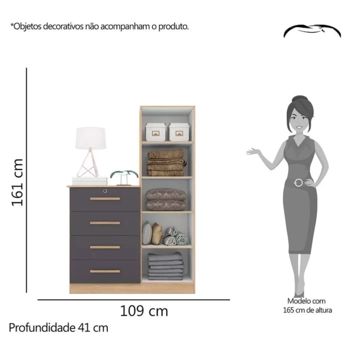 Cômoda com Espelho 4 Gavetas 1 Porta Belize Plus Nature/Titanium