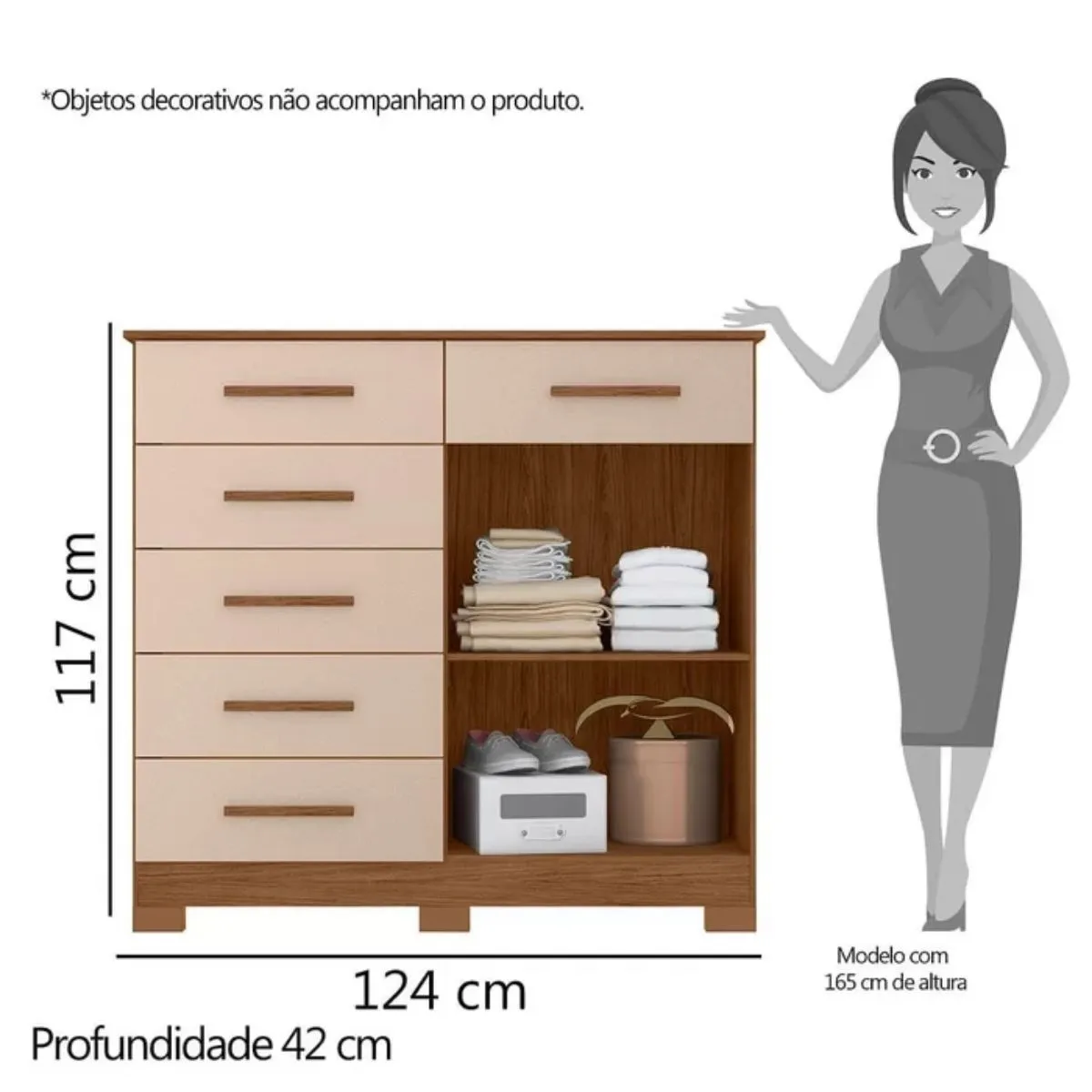 Cômoda Xangai 6 Gavetas 2 Portas Avelã/Fendi Metallic