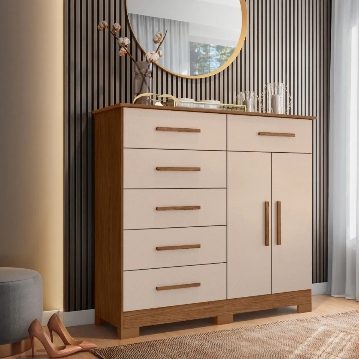 Cômoda Xangai 6 Gavetas 2 Portas Avelã/Fendi Metallic