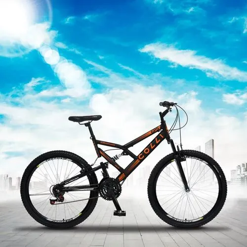 Bicicleta Aro 26 GPS Dupla Suspensão Full 21 Marchas Freios V-Brake Preto Fosco/Laranja Neon D Colli