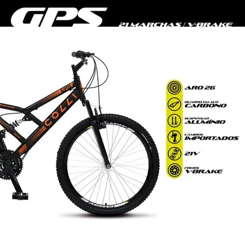 Bicicleta Aro 26 GPS Dupla Suspensão Full 21 Marchas Freios V-Brake Preto Fosco/Laranja Neon D Colli