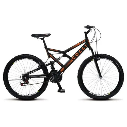 Bicicleta Aro 26 GPS Dupla Suspensão Full 21 Marchas Freios V-Brake Preto Fosco/Laranja Neon D Colli