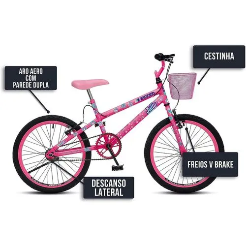 Bicicleta Infantil Aro 20 Jully Freios V-Brake Sem Marchas com Cesta Rosa Neon D - Colli