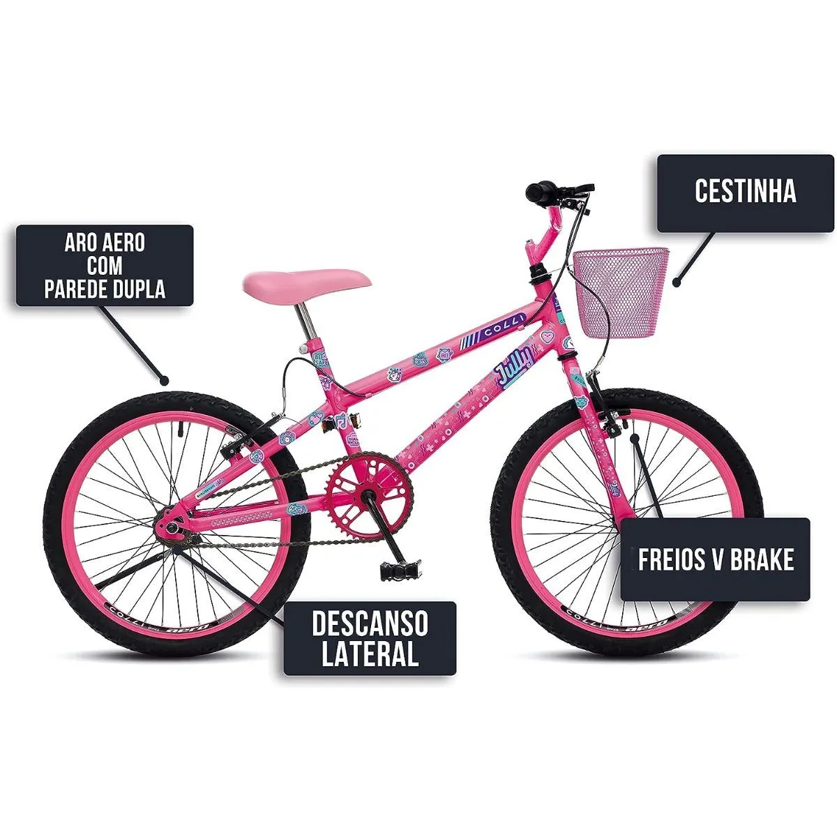 Bicicleta Infantil Aro 20 Jully Freios V-Brake Sem Marchas com Cesta Rosa Neon D - Colli