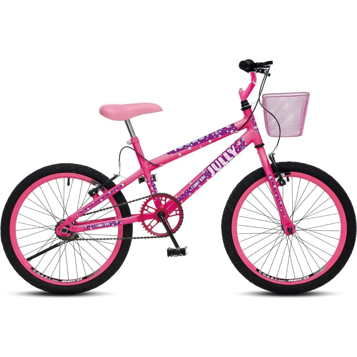 Bicicleta Infantil Aro 20 Jully Freios V-Brake Sem Marchas com Cesta Rosa Neon D - Colli