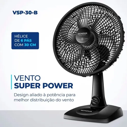 Ventilador de Mesa Super Power VSP-30-B 30cm Mondial 6 Pás 3 Velocidades Preto