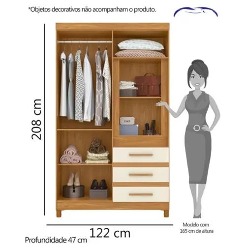Guarda-Roupa Solteiro 6 Portas 3 Gavetas Fusion com Espelho Carvalho Grife/Off White