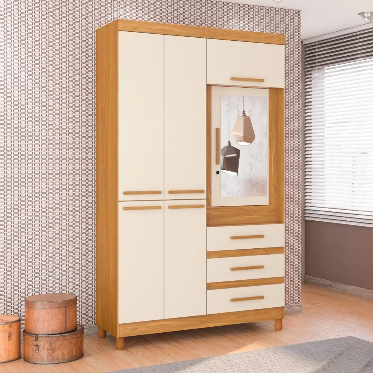 Guarda-Roupa Solteiro 6 Portas 3 Gavetas Fusion com Espelho Carvalho Grife/Off White