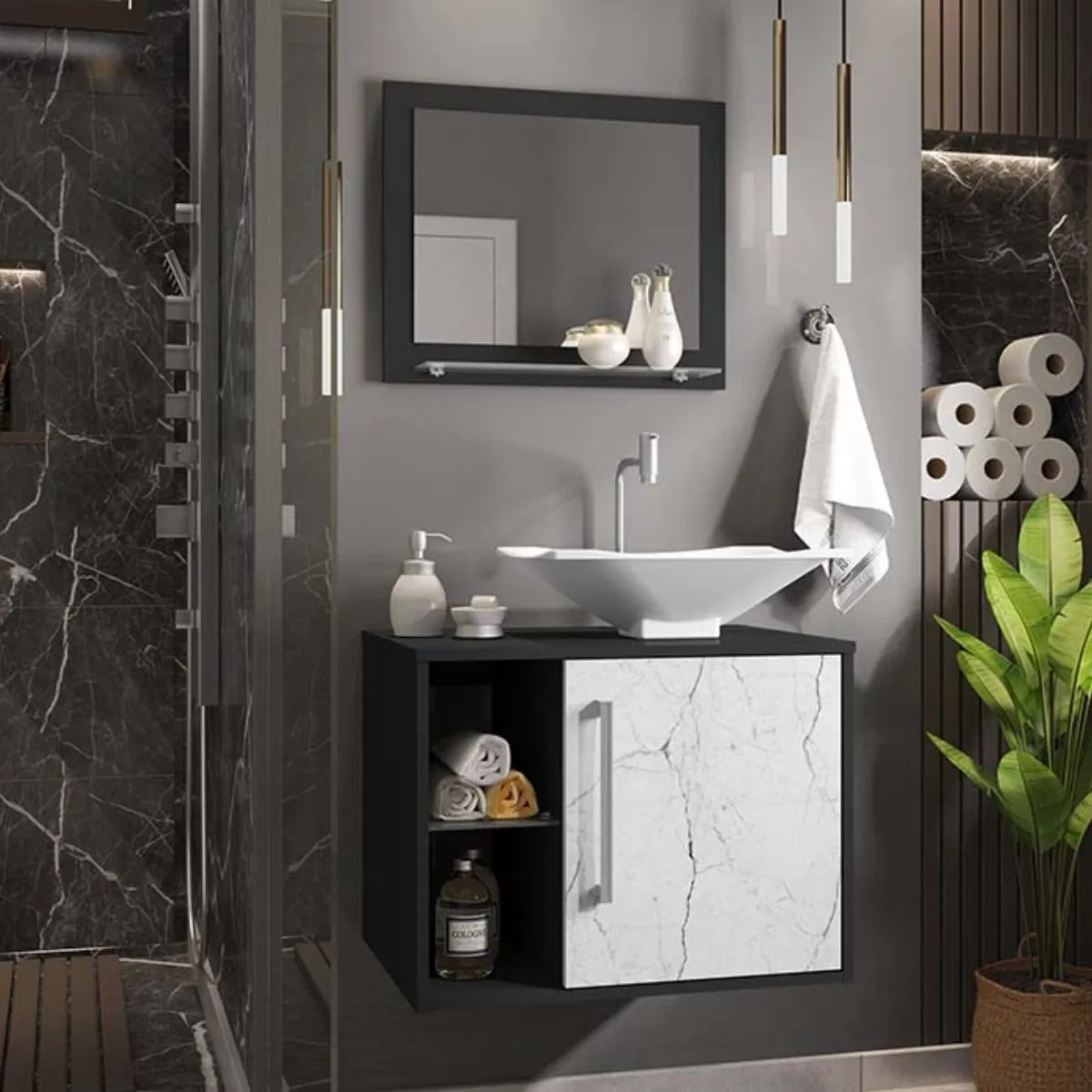 Conjunto para Banheiro Baden com Cuba e Espelheiro Preto Fosco Carrara