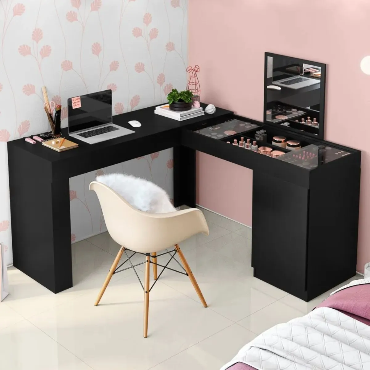 Penteadeira Escrivaninha de Canto Com Espelho Star Preto Fosco - Mobler