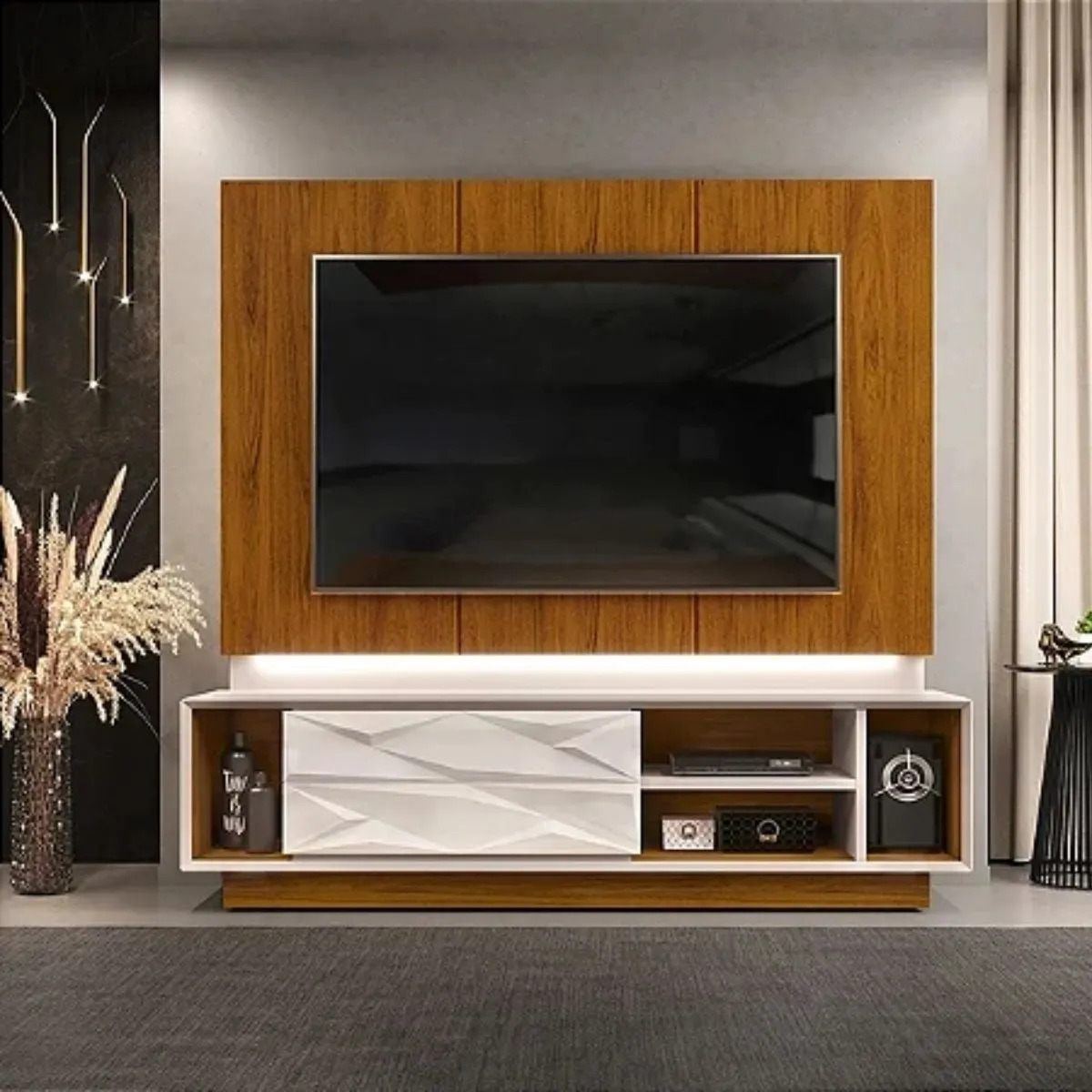 Bancada com Painel Luigi 2,00 Para TV até 75 Form Off White/Freijó