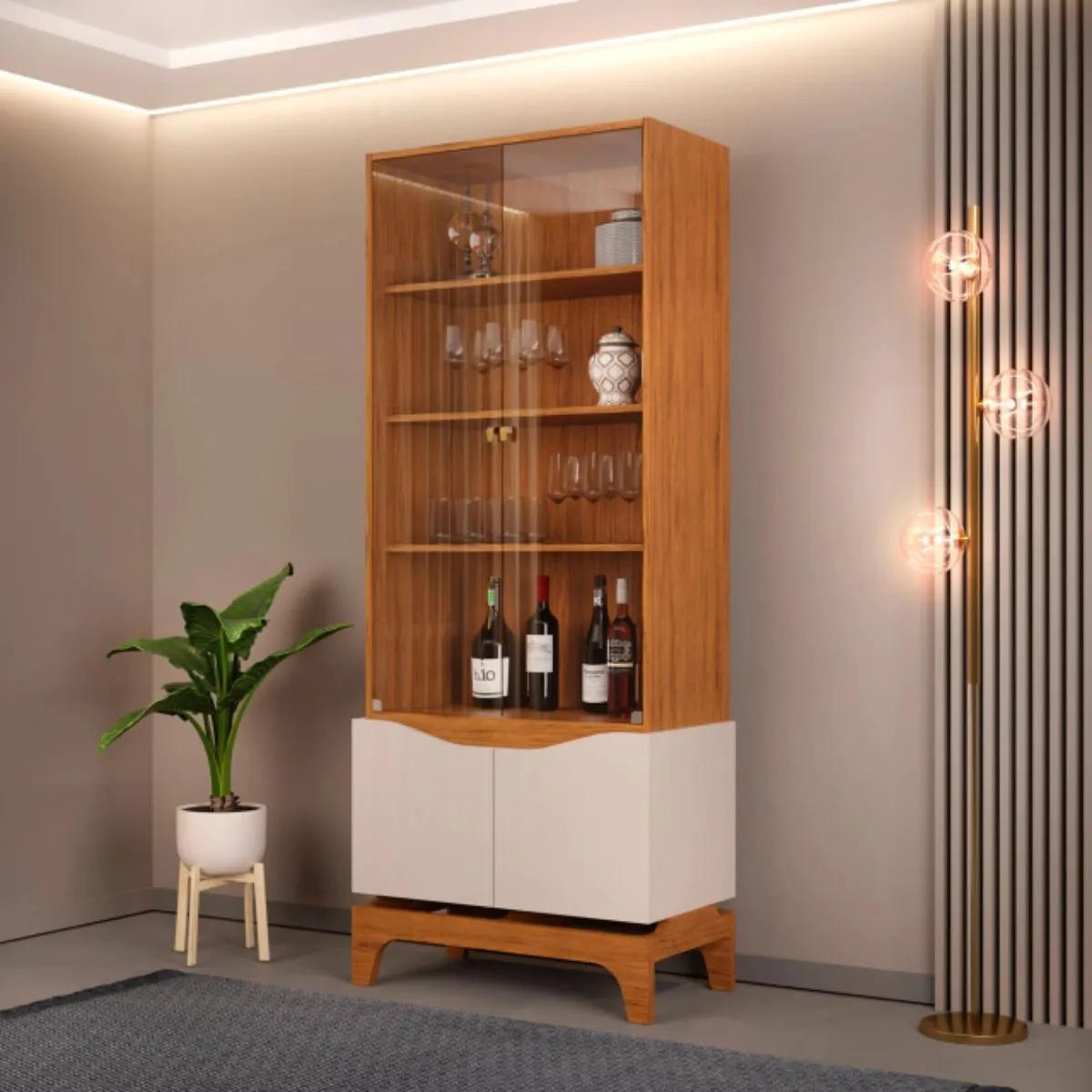 Cristaleira Nice 2 Portas em Vidro 2 Portas em MDF 3 Prateleiras Freijó/Off White DJ