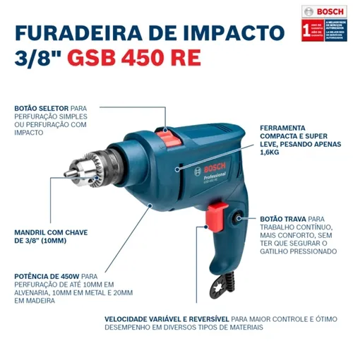 Furadeira de Impacto Bosch GSB 450 RE 450w 220V com 3 Brocas