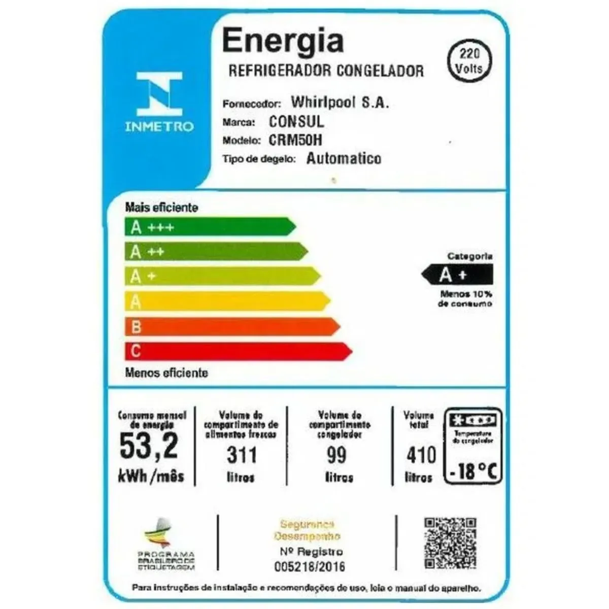 Geladeira 2 Portas 410 Litros Consul Frost Free Duplex 220V Branca CRM50H