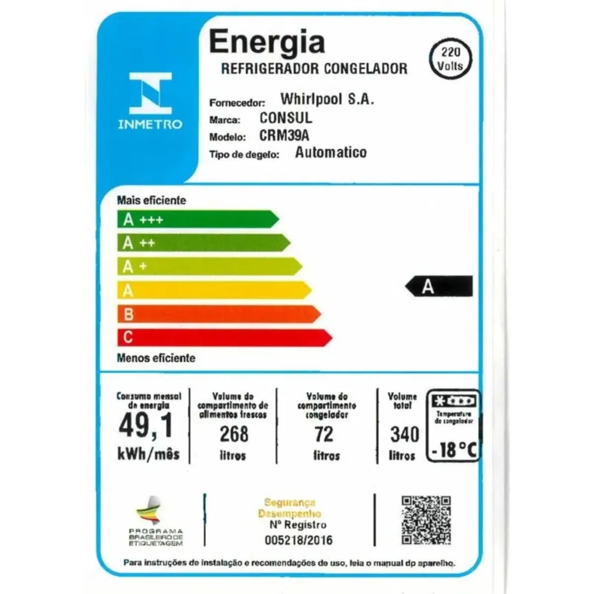 Geladeira 2 Portas 340 Litros Consul Frost Free 220V Branca CRM39AB