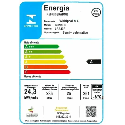 Geladeira 1 Porta 261 Litros Consul Degelo Seco 220V Branca CRA30FB