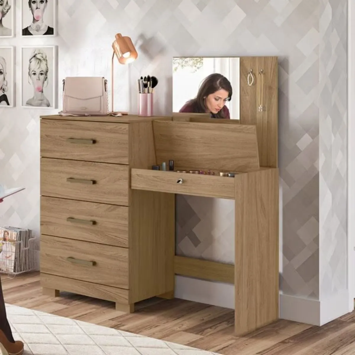 Cômoda 4 Gavetas Com Baú e Espelho Gênova Damasco Moval