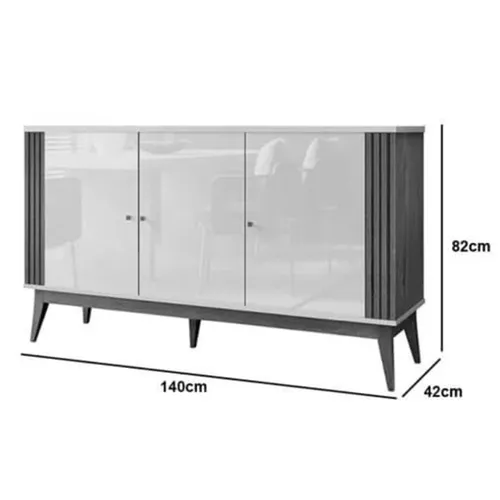 Buffet Aparador Balcão Ripado Argo 3 Portas, Pés Madeira Maciça Cedro/Off White