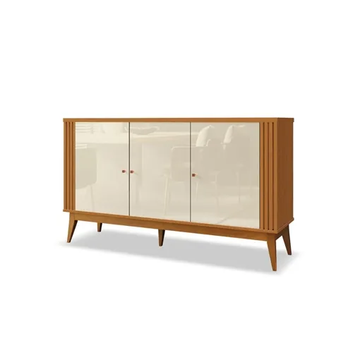 Buffet Aparador Balcão Ripado Argo 3 Portas, Pés Madeira Maciça Cedro/Off White