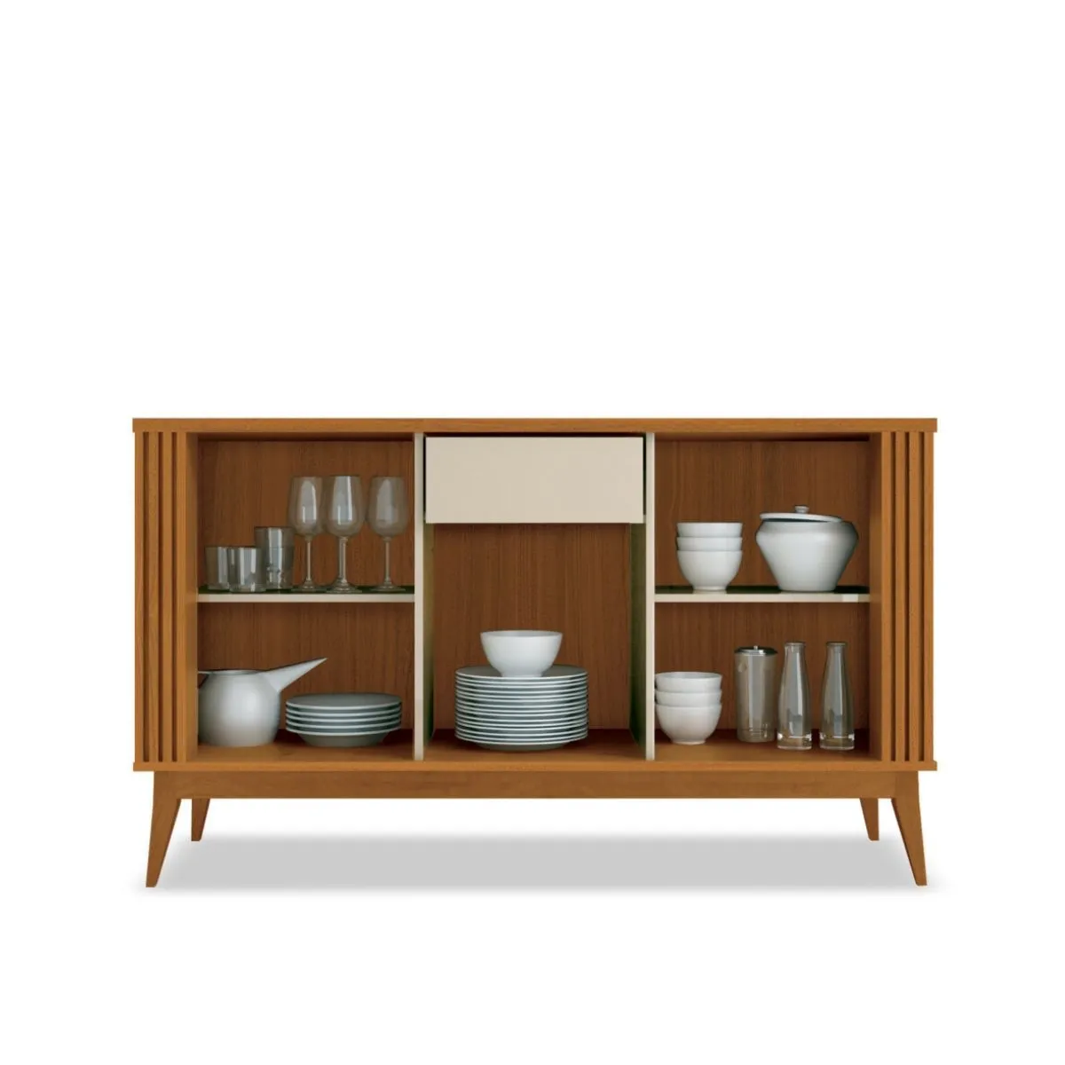 Buffet Aparador Balcão Ripado Argo 3 Portas, Pés Madeira Maciça Cedro/Off White