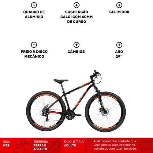 Bicicleta Caloi Vulcan 21 Marchas Aro 29 Quadro 17 Preta Suspensão Dianteira Câmbio Traseiro Shimano